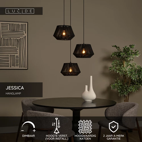 Lucide JESSICA - Hanglamp - Ø 35,5 cm - 3xE27 - Zwart - USP